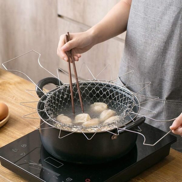 STAINLESS STEEL MULTI-FUNCTIONAL FOLDABLE COOKING Chef Basket Deluxe Kitchen Colander, MESH STEAM RINSE STRAIN FRY BASKET DEEP FRYER - Image 5