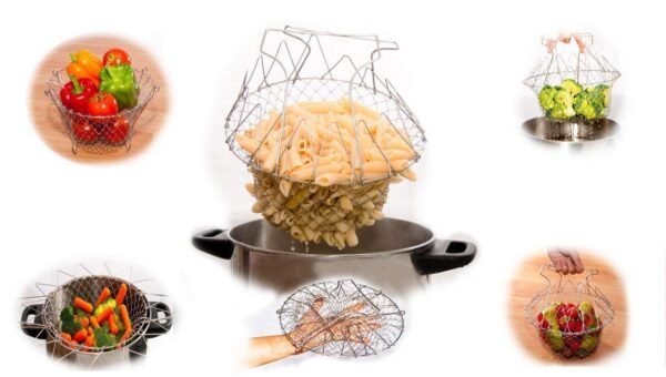 STAINLESS STEEL MULTI-FUNCTIONAL FOLDABLE COOKING Chef Basket Deluxe Kitchen Colander, MESH STEAM RINSE STRAIN FRY BASKET DEEP FRYER - Image 10