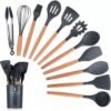 12 Pcs Silicone Cooking Utensils Kitchen Utensil Set | Heat Resistant Kitchen Non toxic Spatula Set with Turner Tongs,Spoon,Brush,Whisk-Wooden Handle - Random Color